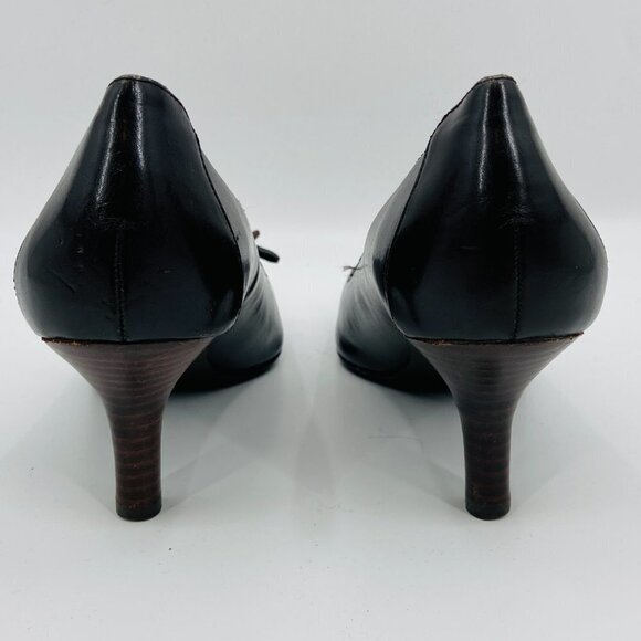 EAST 5TH Vintage Brown Leather Pointed Toe Gold Detail Tie Short Heel Shoes - Picture 7 of 8